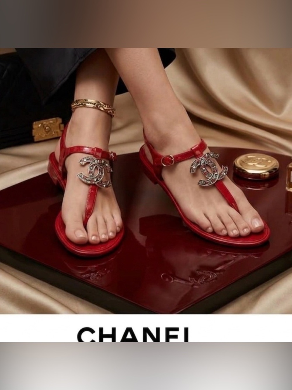CHANEL Red Patent Jelly Sandals with Crystal CC Emblem